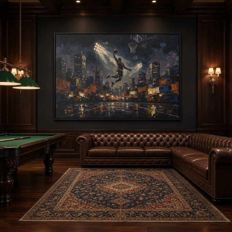 Framed basketball canvas wall art with an orange-and-blue night city, hoop, and player action scene