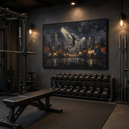 Framed basketball canvas wall art above gym equipment, showing hoop and night city skyline