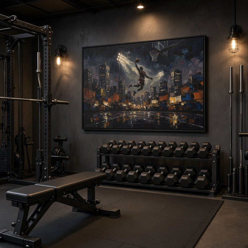 Framed basketball canvas wall art above gym equipment, showing hoop and night city skyline