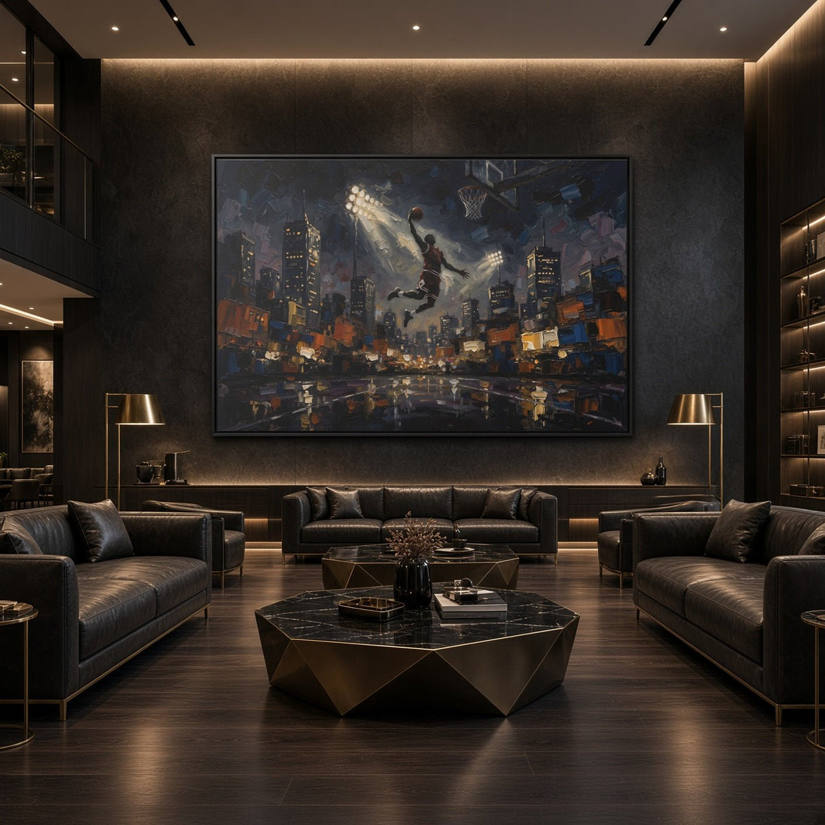 Black framed basketball canvas print with city skyline and dunking player