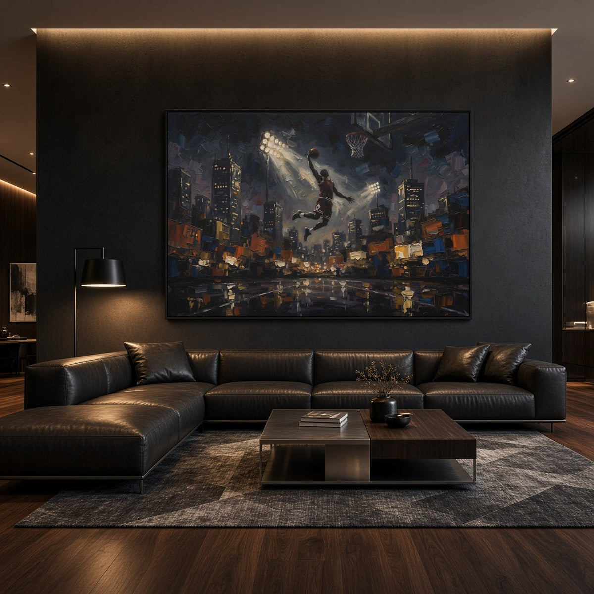 Rectangular basketball wall canvas with city lights artwork and dunking figure