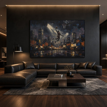 Rectangular basketball wall canvas with city lights artwork and dunking figure