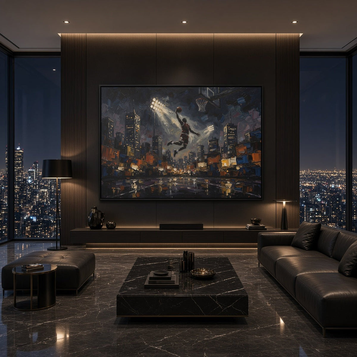 Framed basketball canvas featuring city skyline at night and a dunking player