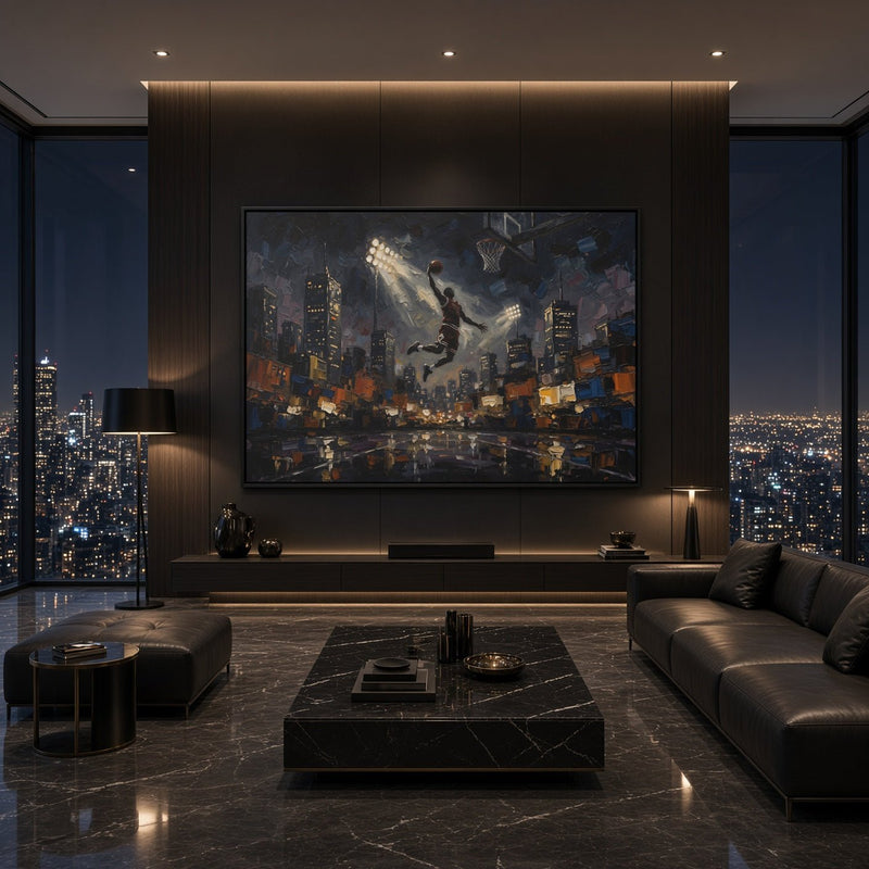Framed basketball canvas featuring city skyline at night and a dunking player