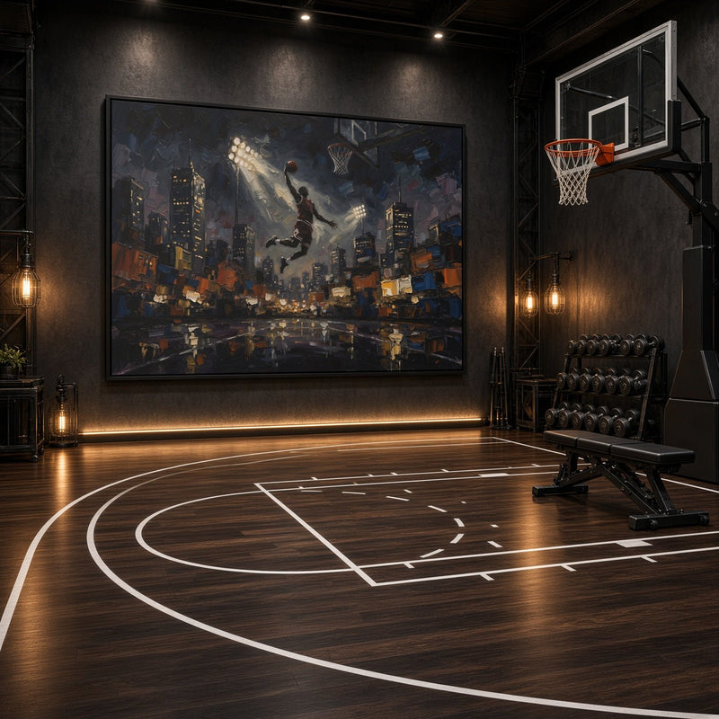 Framed basketball canvas print with city skyline artwork and dunking player figure