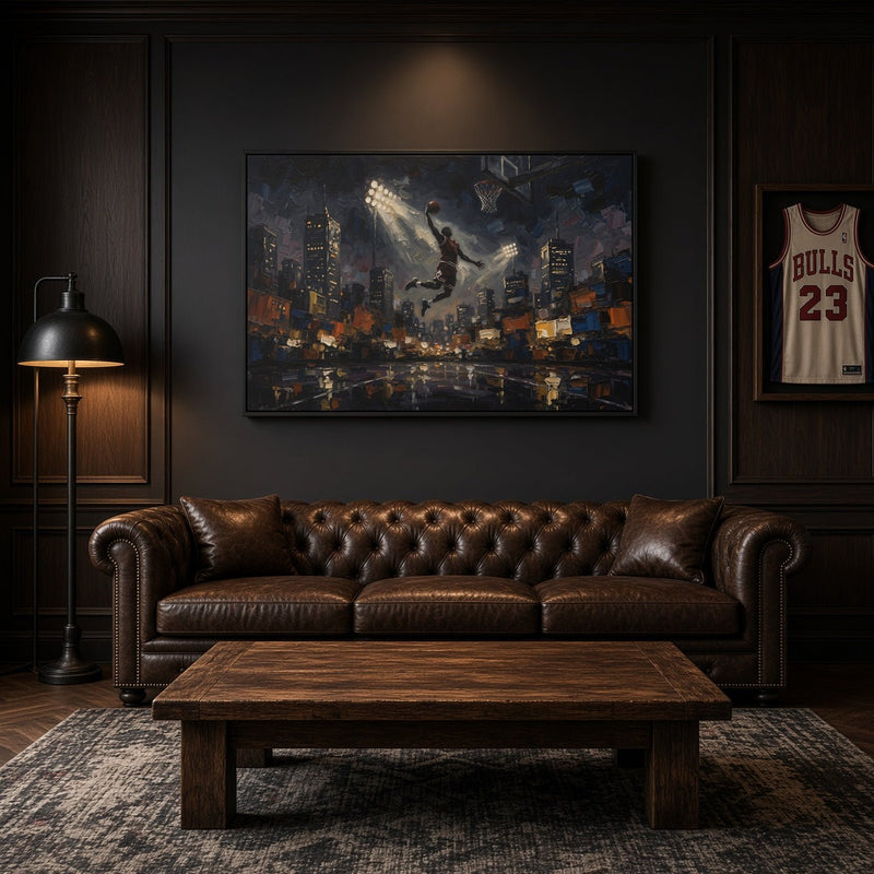 Black framed basketball wall art canvas with city scene and dunking basketball player