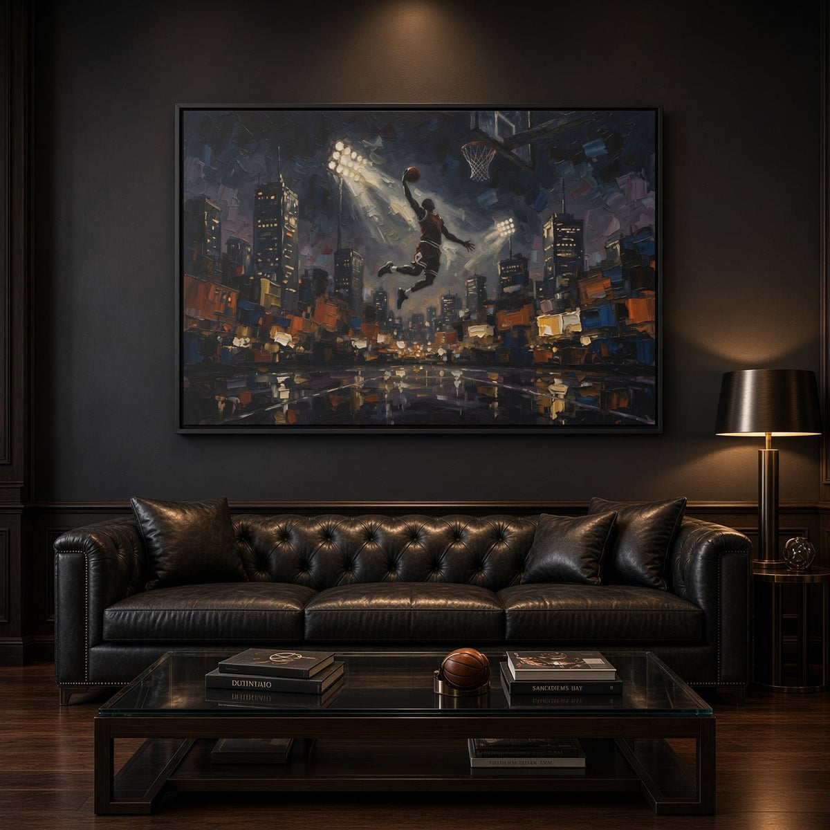 Wall-hung basketball canvas with black frame, city lights, and dunking silhouette