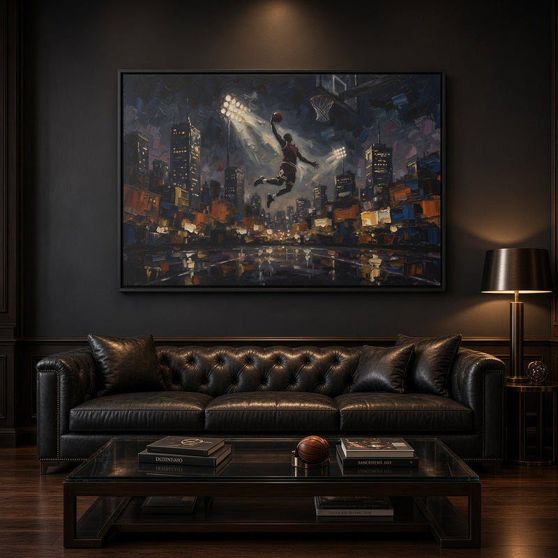 Wall-hung basketball canvas with black frame, city lights, and dunking silhouette