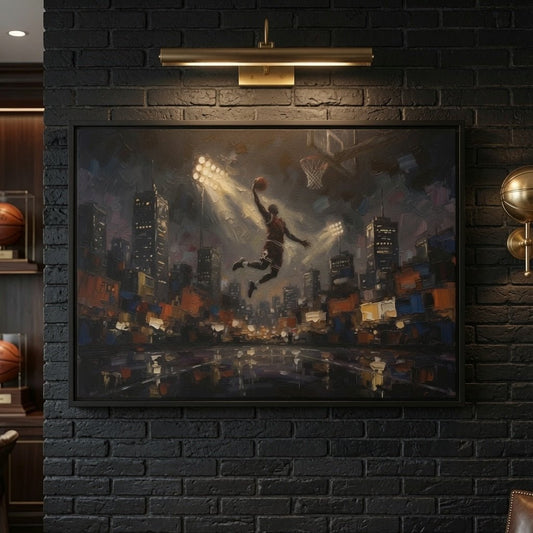 Black-framed canvas wall art with basketball player dunking above a nighttime skyline
