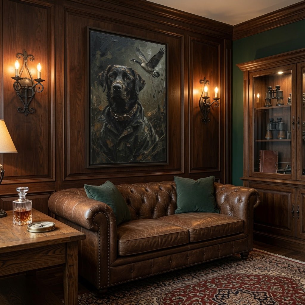 Black framed matte canvas wall art featuring a black Labrador with a flying goose