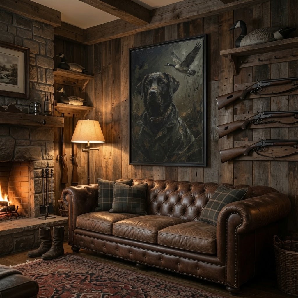 Framed matte canvas showing a black Labrador portrait with a flying goose above