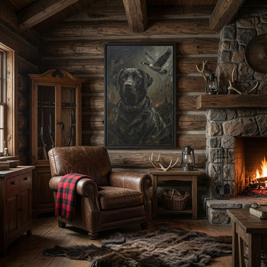 Black framed matte canvas with a black Labrador face and a bird in flight