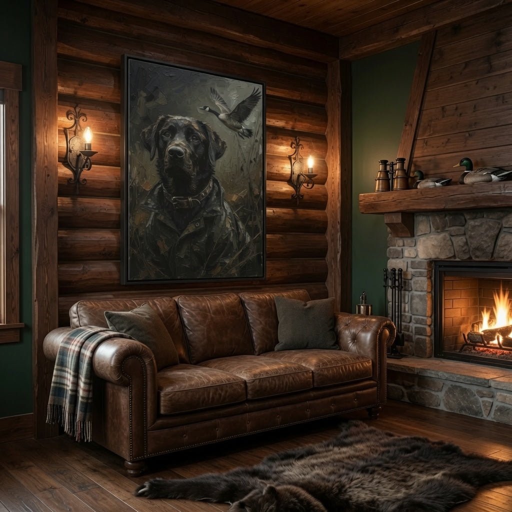 Black framed matte canvas with a black Labrador head and flying goose above