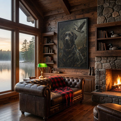 Black framed matte canvas artwork with a black Labrador and flying goose