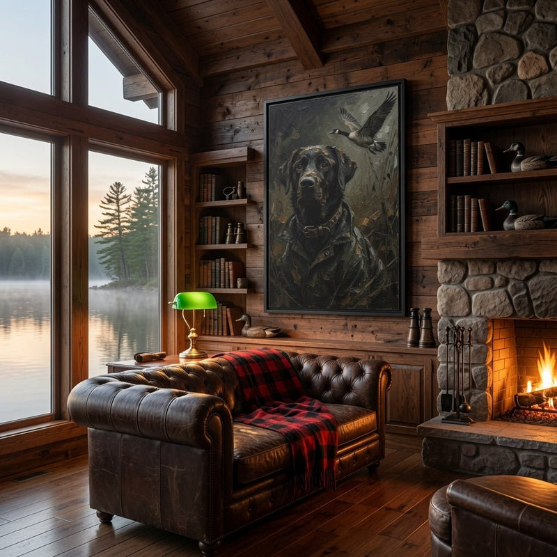 Black framed matte canvas artwork with a black Labrador and flying goose