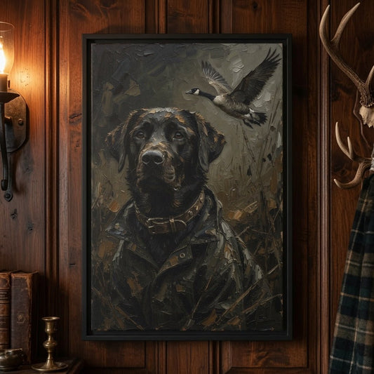 Close-up black framed matte canvas featuring a black Labrador and flying goose