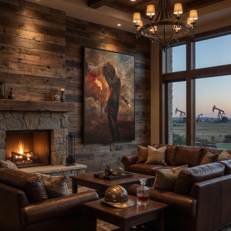 Framed western canvas wall art featuring a rugged man holding a lantern, in oil colors