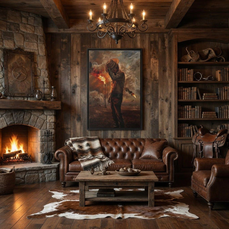 Framed canvas wall art with a roughneck in orange helmet holding torch, smoky fire scene
