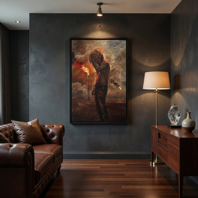 Framed canvas wall art of a roughneck with orange helmet holding a torch, burning backdrop