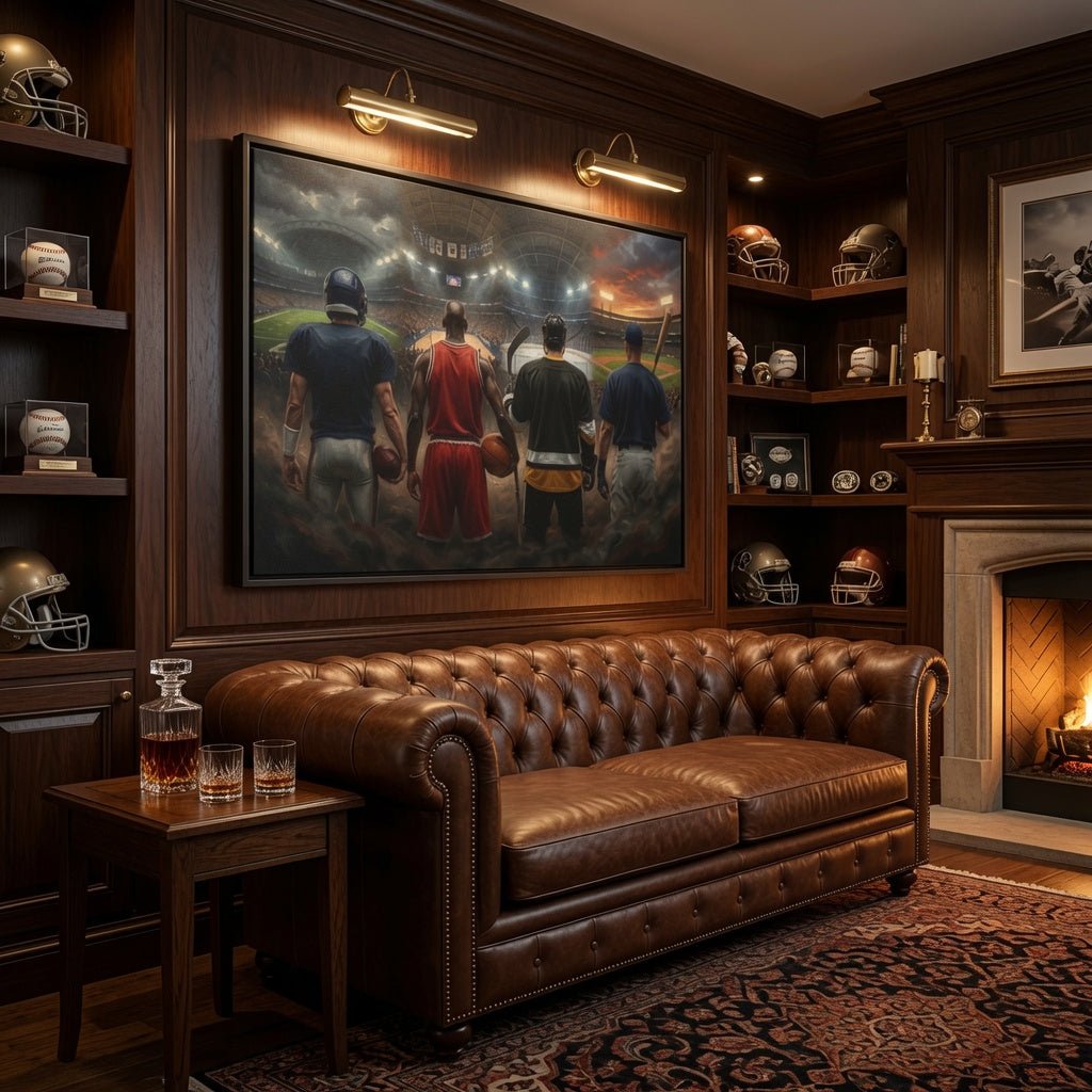 Black-framed sports canvas wall art featuring four players from behind