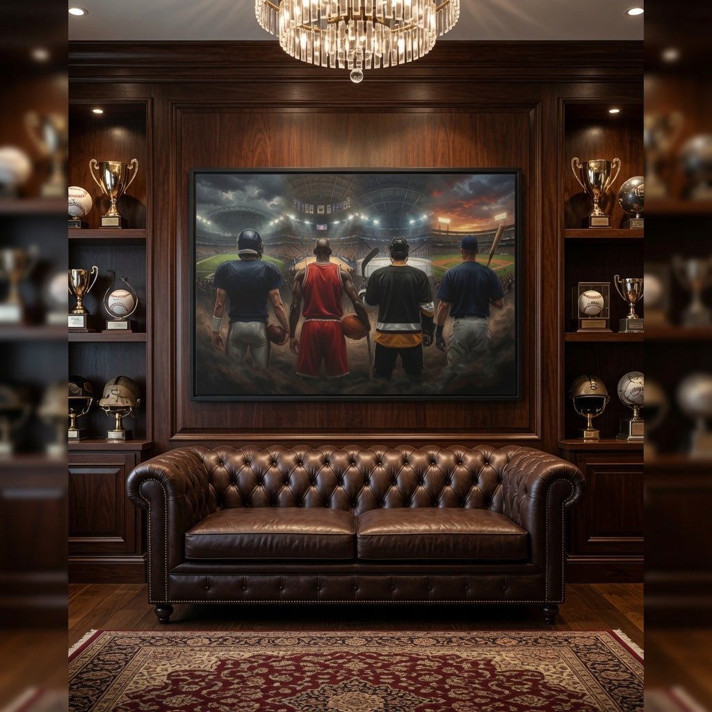 Black-framed sports canvas with four players from behind centered above brown sofa