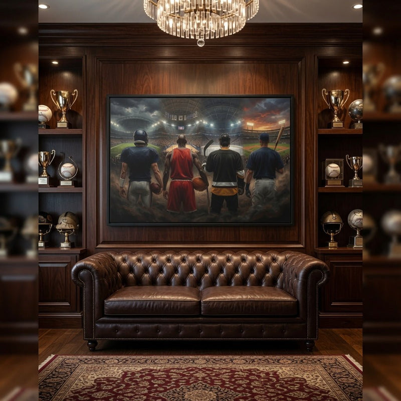 Black-framed sports canvas with four players from behind centered above brown sofa