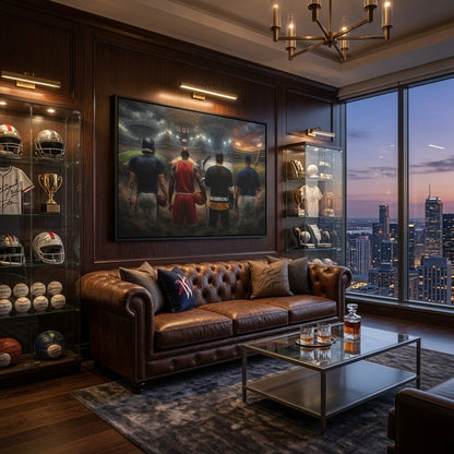 Black-framed sports canvas with four back-facing players above brown tufted sofa