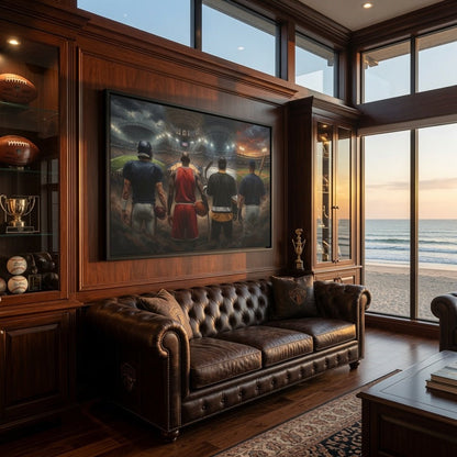 Black-framed sports canvas featuring four athletes from behind mounted on wood wall
