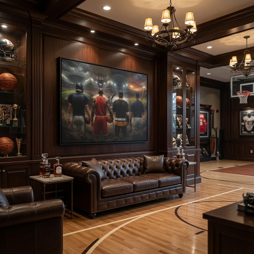 Black-framed sports canvas featuring four back-facing players above brown leather bench