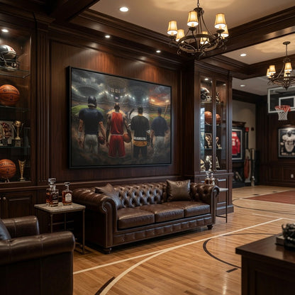 Black-framed sports canvas featuring four back-facing players above brown leather bench