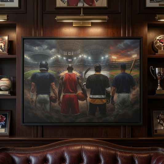 Black-framed sports canvas close-up showing four players from behind in stadium