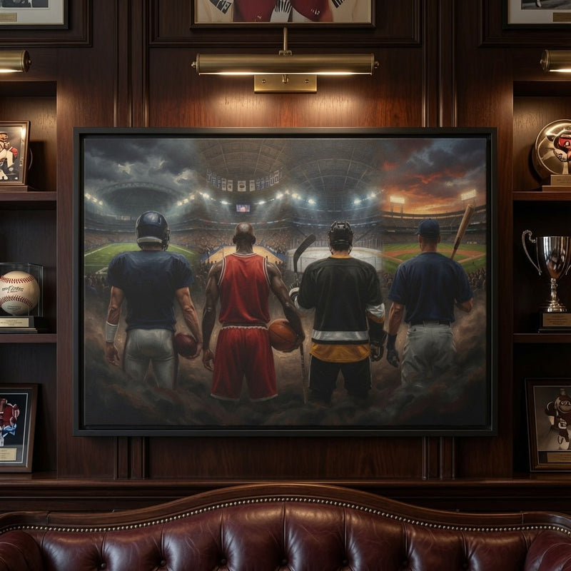 Black-framed sports canvas close-up showing four players from behind in stadium