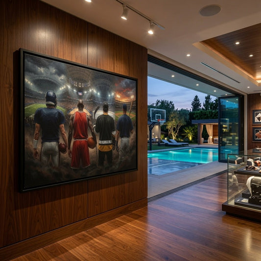 Black-framed sports canvas on wood wall beside a window with outdoor pool view