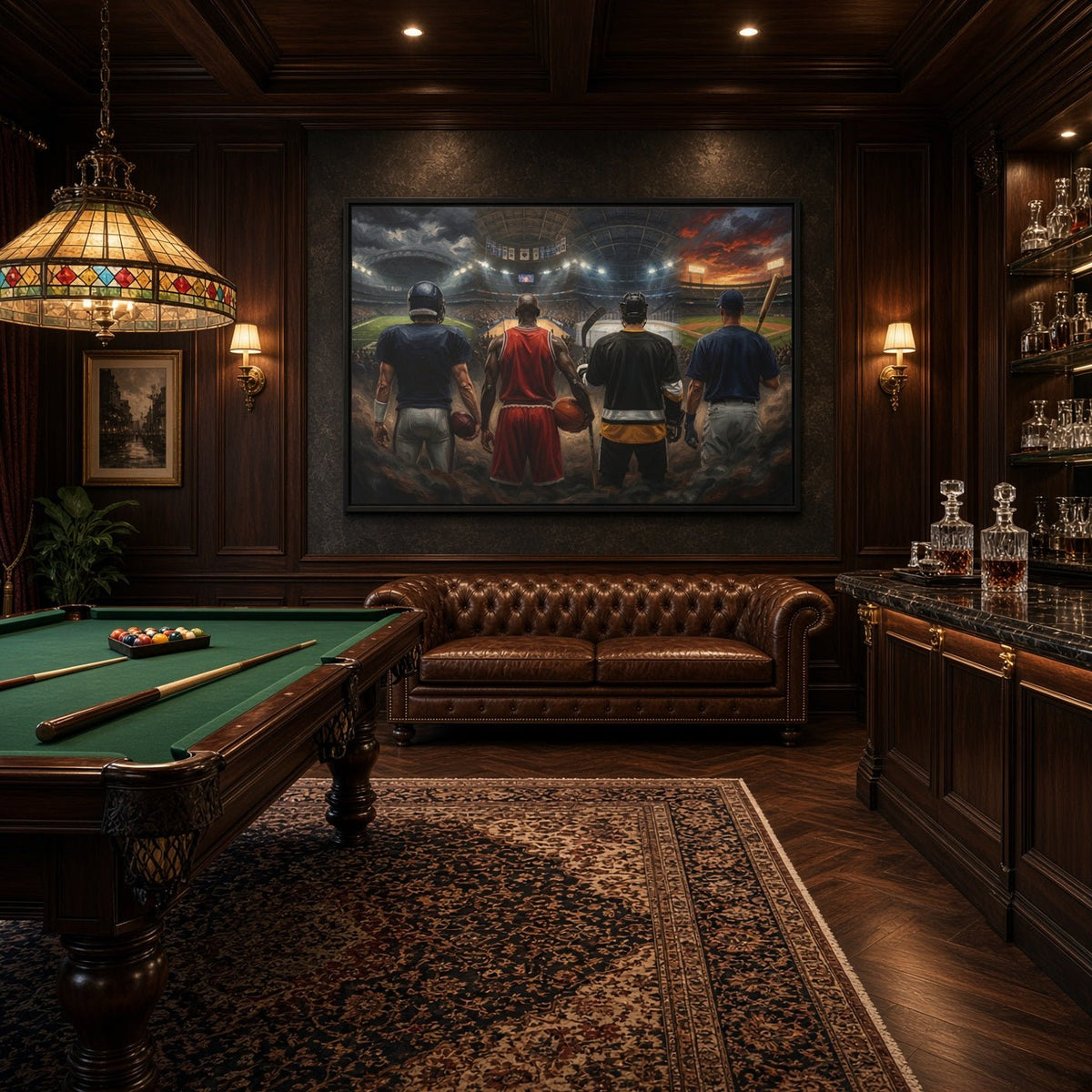 Black-framed sports canvas wall hanging with four back-view players in action scene.