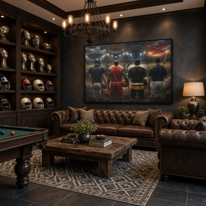 Framed sports canvas artwork in a black frame, depicting four players from behind.