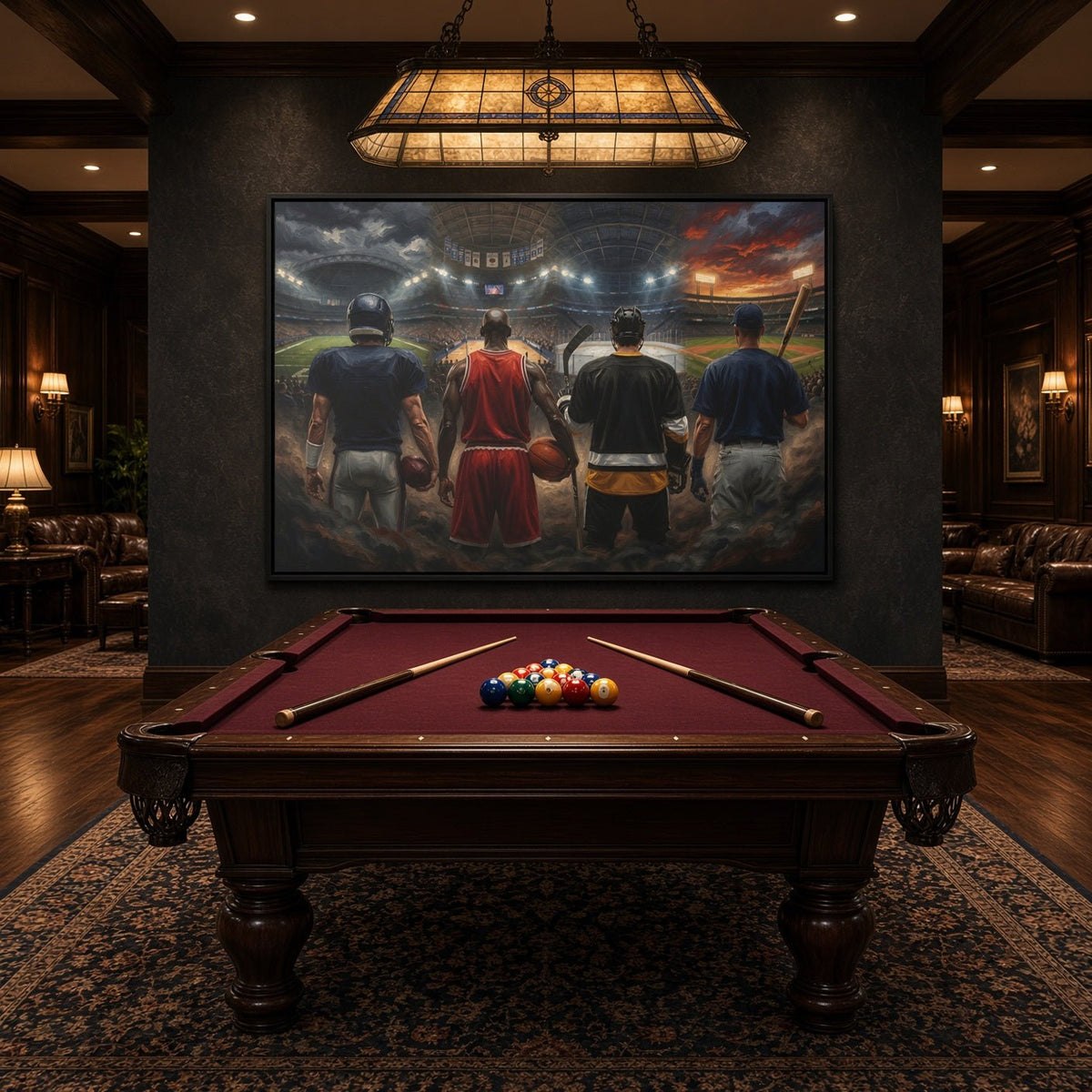 Sports canvas wall art with a black frame, showing four players viewed from behind.