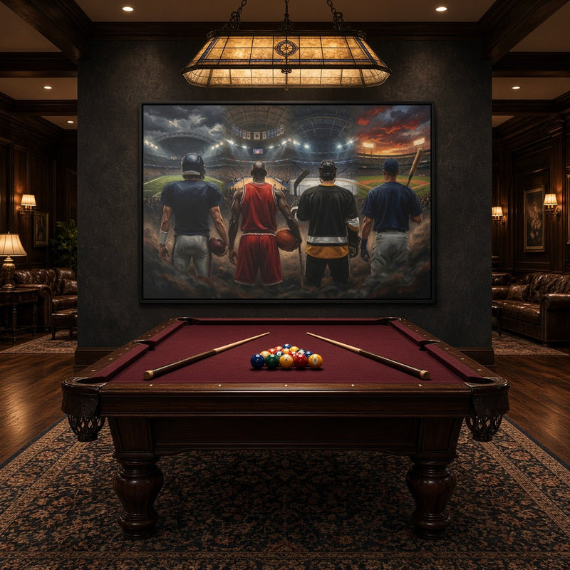 Sports canvas wall art with a black frame, showing four players viewed from behind.