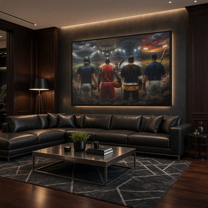 Black-framed sports canvas print on a wall above a modern sofa; four players from behind.