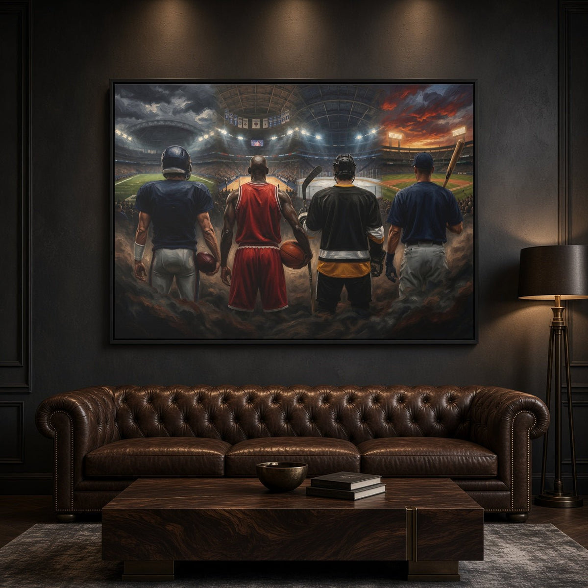 Black-framed sports canvas print featuring four back-view players in a stadium; wall display.