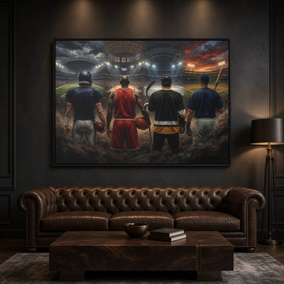 Black-framed sports canvas print featuring four back-view players in a stadium; wall display.