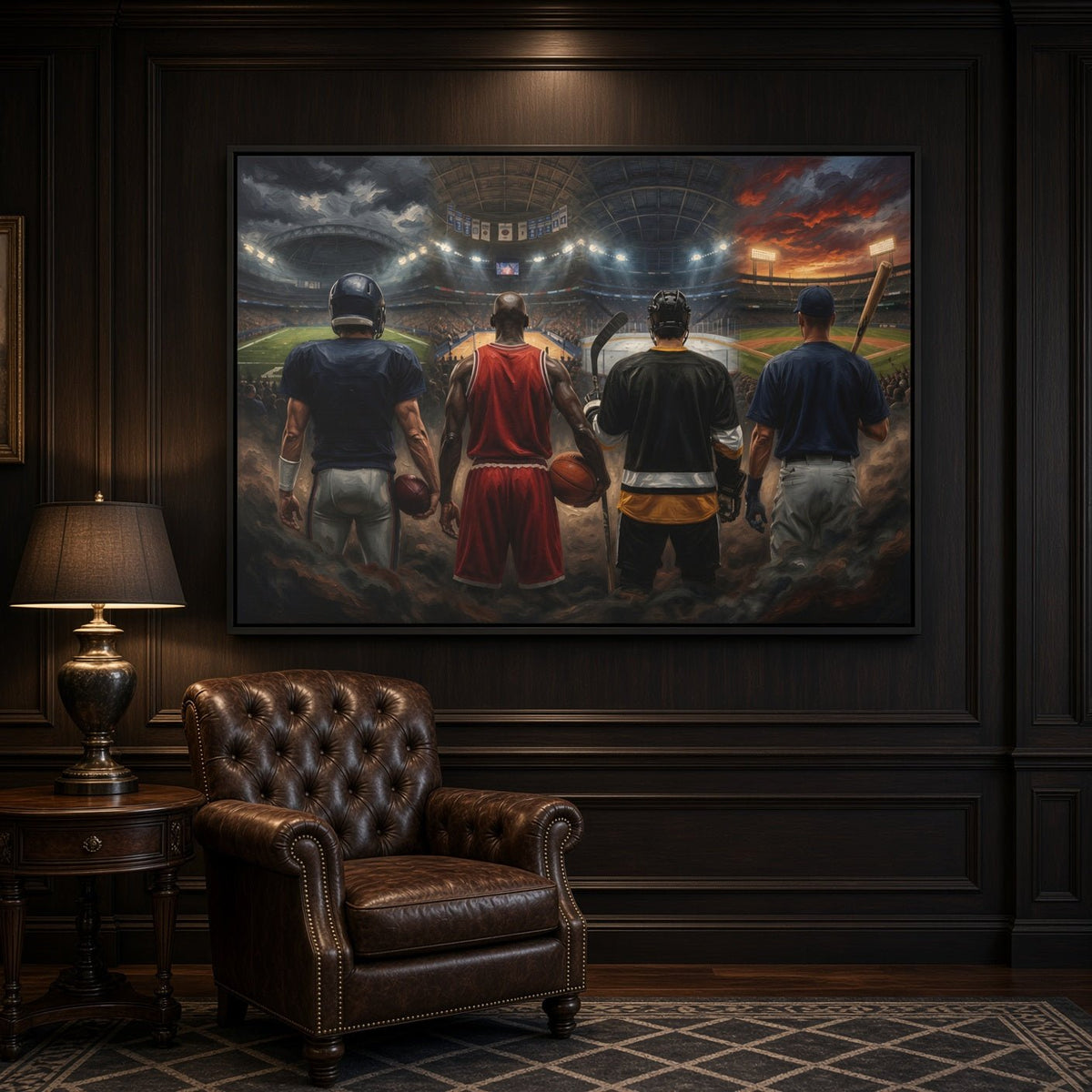 Black-framed sports canvas print above a brown leather chair; four players seen from behind.
