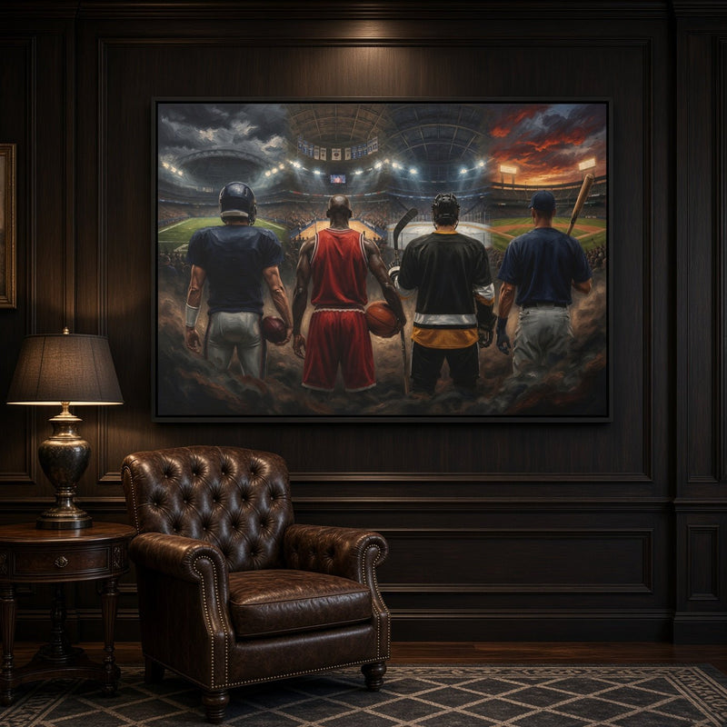 Black-framed sports canvas print above a brown leather chair; four players seen from behind.