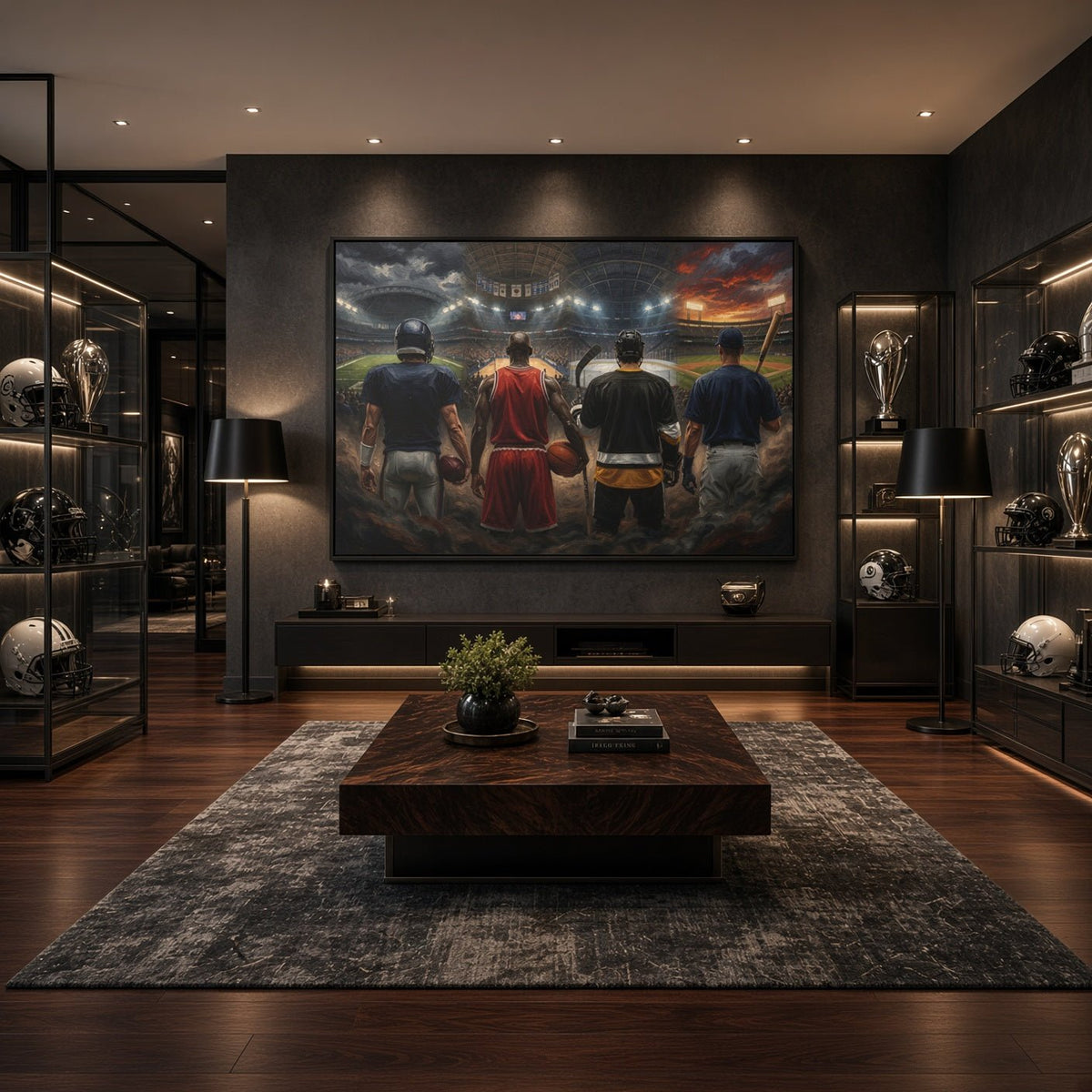 Black-framed sports canvas print on a wall showing four back-view players at the arena.