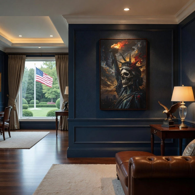 Framed canvas wall art portrait with skull Statue of Liberty holding torch, black frame