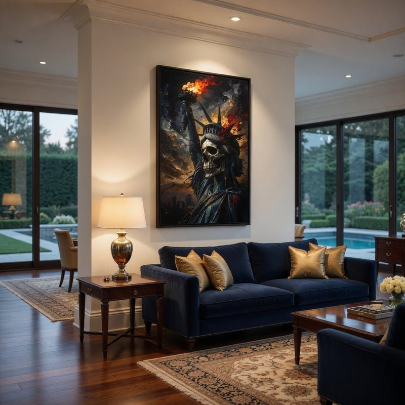 Framed canvas wall portrait with skull Statue of Liberty figure holding a torch