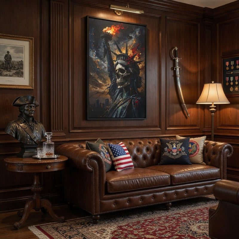 Framed canvas skull Statue of Liberty portrait with torch and crown, dark background