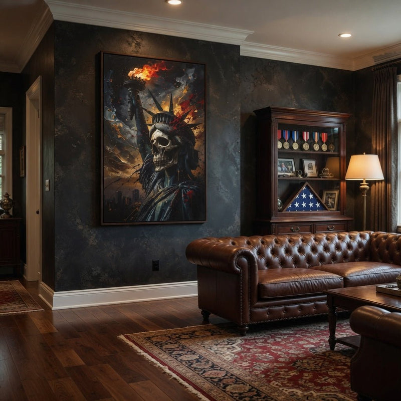 Framed canvas portrait of Liberty skull with crown, torch, and orange fire-like accents.