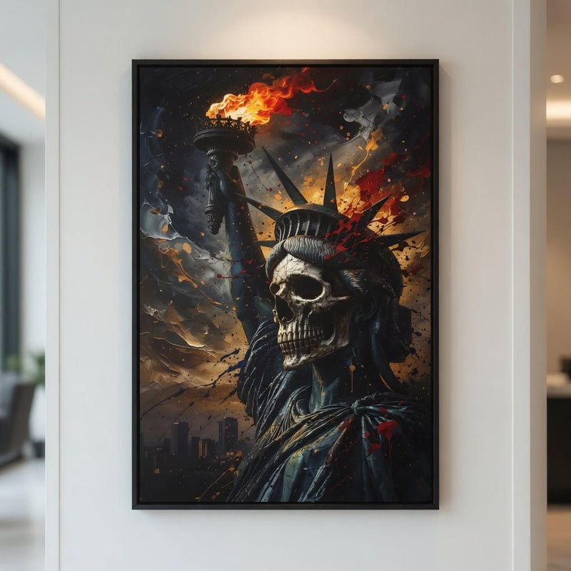 Framed canvas close-up of Liberty skull with crown and torch, with orange flame details.