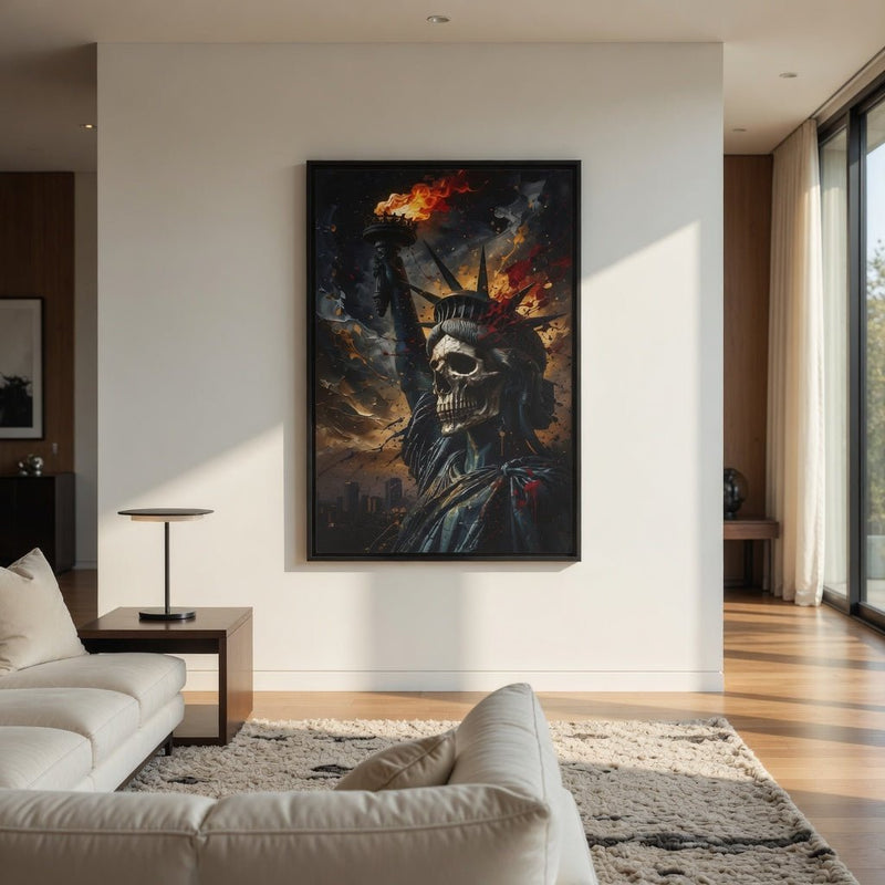 Framed canvas portrait showing a Liberty skull with crown and torch amid flame splashes.