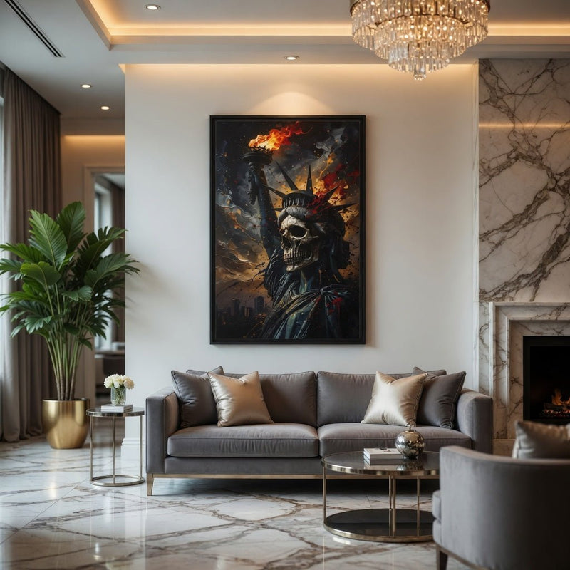 Framed canvas portrait of Liberty skull wearing a crown, holding a torch with flames.